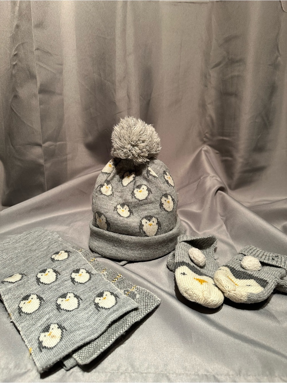 Zara Grey Penguin Knit Hat, Scarf & Mittens Set